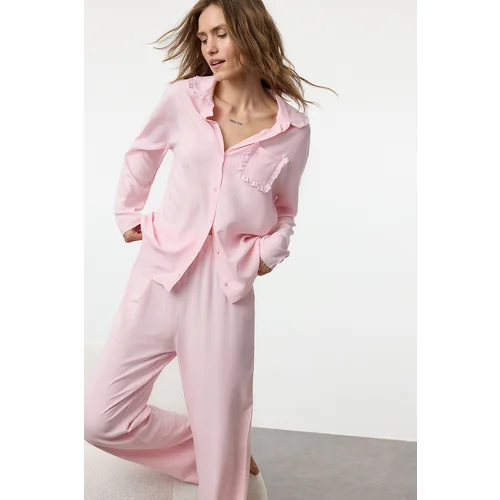 Trendyol Pink Frilled Pocket Detailed Viscose Woven Pajama Set