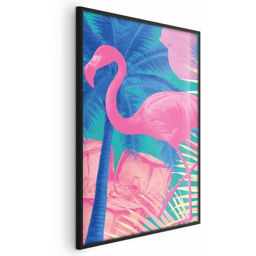  Plakat - Pink Flamingo - abstract flamingo against a background of palm trees and ice cubes 60x90 Crni okvir Cene