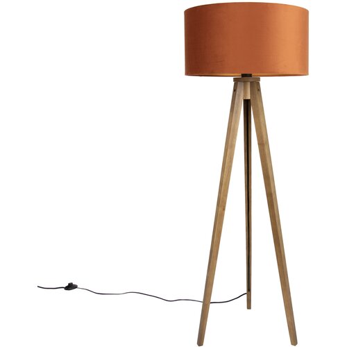 QAZQA Vloerlamp hout met kap oranje een gouden binnenkant 50cm - Tripod Classic Cene