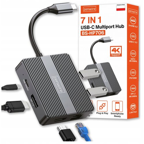 Zenwire BS-HP706 USB-C 7v1 hub adapter (HDMI+DP 4K 60Hz, 100W PD, 2x USB-A/USB-C 10Gbps, Gigabit LAN RJ45), (5000195862) Cene