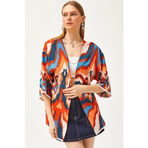 Olalook Women's Orange Blue Palm Guipure Detailed Viscose Kimono Slike