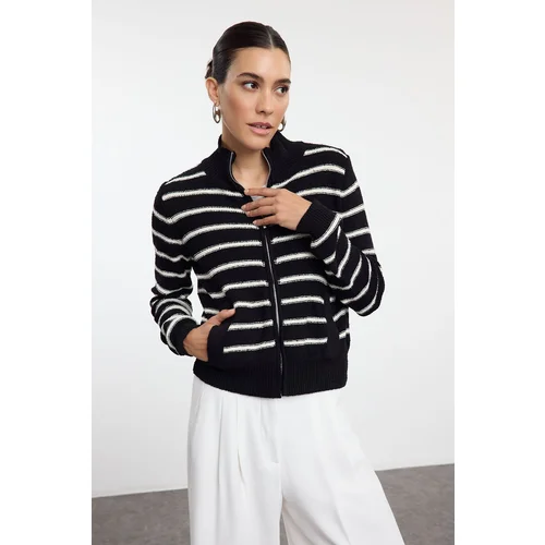 Trendyol Black Striped Stand Collar Knitwear Cardigan