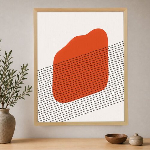 Wallxpert uramljena slika na platnu Cc-D-Ah-1031, narandžasti apstraktni oblik preko crnih kosih linija, 45 x 60 cm Slike