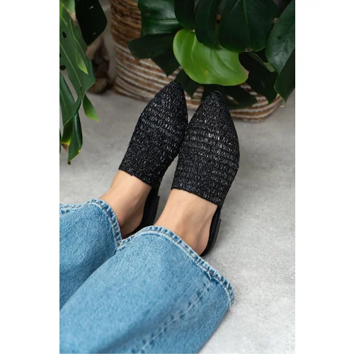 NİŞANTAŞI SHOES Moon Black Metallic Knit Detail Flat Sole Women's Slippers