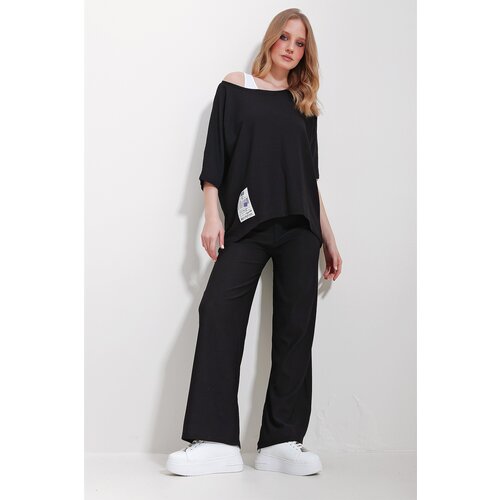Trend Alaçatı Stili Women's Black Boat Neck Blouse And Palazzo Trousers 3-Piece Suit Slike