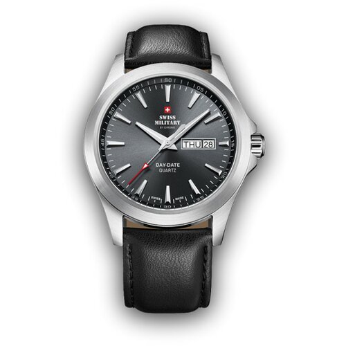 Swiss Military chrono quartz sivi srebrni elegantni ručni sat sa crnim kožnim kaišem 603245 Cene