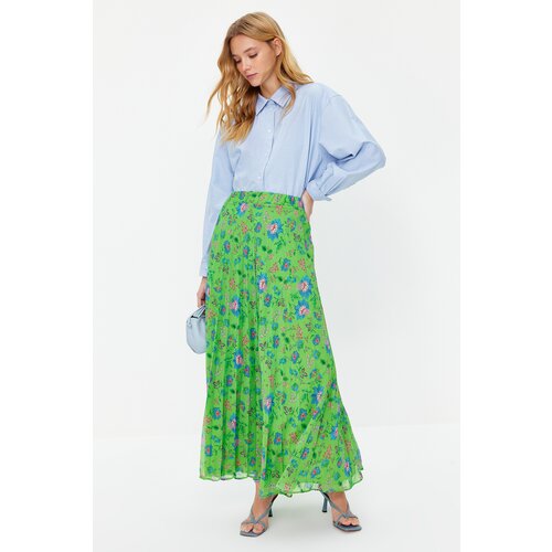 Trendyol Green Pleated Floral Patterned Lined Chiffon Woven Skirt Cene