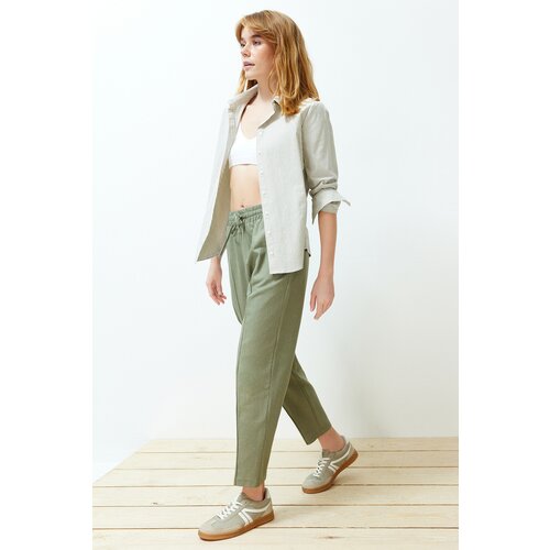 Trendyol Khaki Elastic Waist Linen Blended Woven Trousers Slike