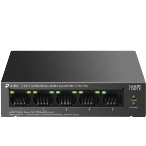 Tp-link LS105LP 5-Port 10/100 Mbps Desktop Switch with 4-Port PoE, 4× 10/100 Mbps PoE Ports, 1× 10/100 Mbps Non-PoE Port, 802.3af, 41 W PoE Power, Desktop Steel Case, Extend Mode for 250m PoE Cene
