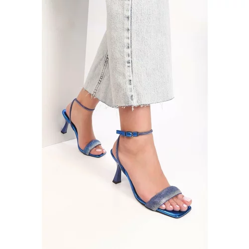 Shoeberry Women's Bella Saks Blue Metallic Single Strap Heeled Shoes