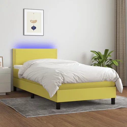 vidaXL Box spring postelja z vzmetnico LED zelena 90x200 cm blago