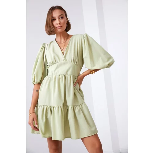 Fasardi Waisted dress with puff sleeves in olive green