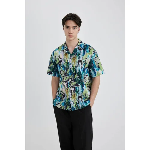 Defacto Oversize Fit Cropped Collar Printed Cotton Short Sleeve Shirt