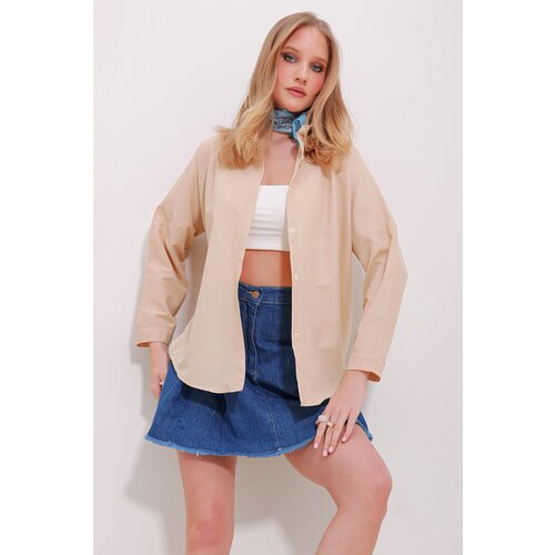 Trend Ala&amp;ccedil;atı Stili Women&amp;#039;s Beige Cuffed Cotton Basic Shirt Slike