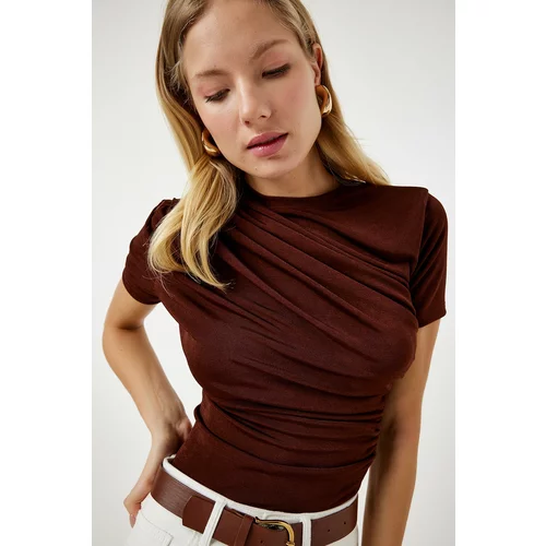 Happiness İstanbul Women's Brown Gathered Detailed Viscose Blouse