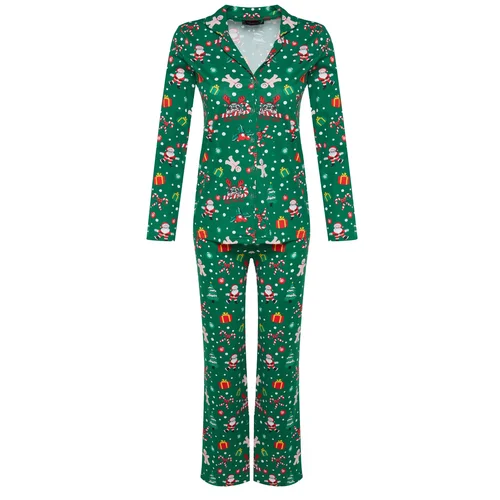 Trendyol Green Single Jersey Christmas Theme Shirt Pants Pajamas Set