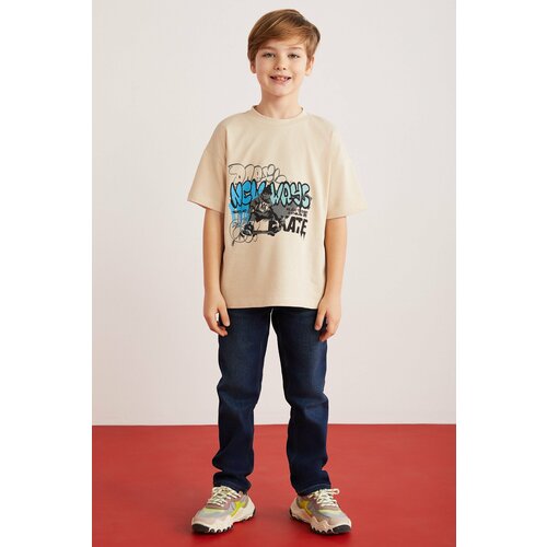GRIMELANGE Jery Boy 100% Cotton Printed Short Sleeve Beige T-shirt Cene