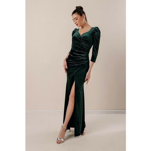 By Saygı Pleated Long Corduroy Dress with a Slit Emerald Slike