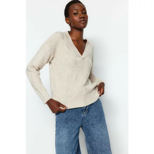 Trendyol Beige Soft Textured V-Neck Knitwear Sweater