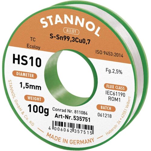 Stannol HS10 2510 spajkalna žica\, neosvinčena tuljava Sn99\,3Cu0\,7 ROM1 100 g 1.5 mm, (20428454) Slike
