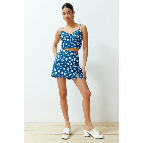 Trendyol Blue Floral Pattern Woven Short Skirt