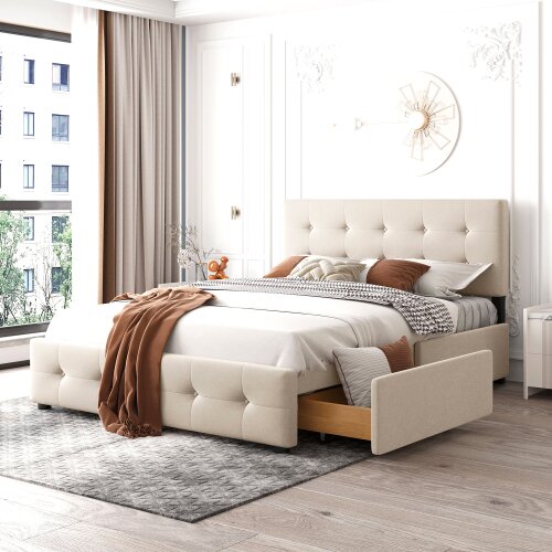 Generica Postelja 140 x 200 cm, Zakonska postelja s predali, letveno dno in naslon za hrbet, Koži prijazna zakonska postelja iz žametnega materiala za odrasle in mladostnike, Bež barve (vzmetnica ni, (21149458) Slike