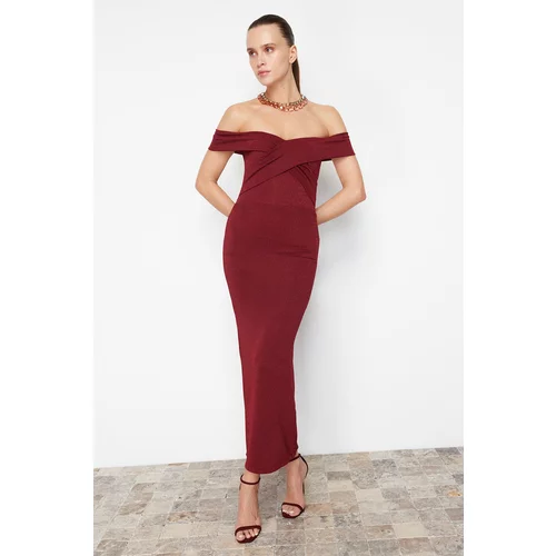 Trendyol Burgundy Fitted Glittering Window/Cut Out Detailed Glitter Knitted Elegant Evening Dress