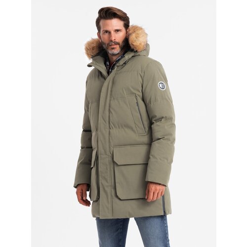 Ombre Men&amp;#039;s long parka jacket with flared bottom - dark olive green Slike
