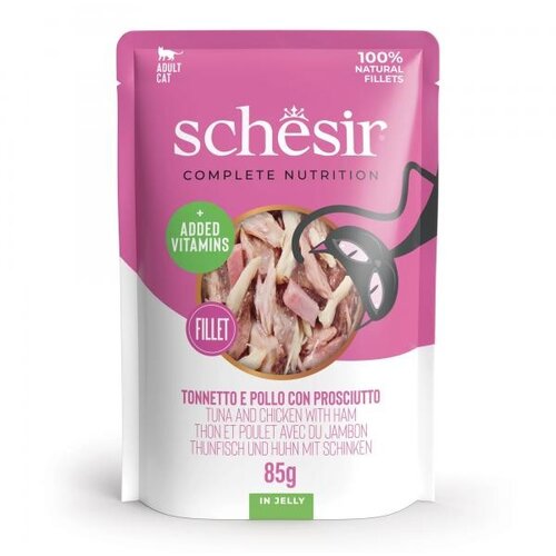 Schesir Complete&Balanced kesica za mačke - Tuna, piletina i šunka u želeu 85g Cene
