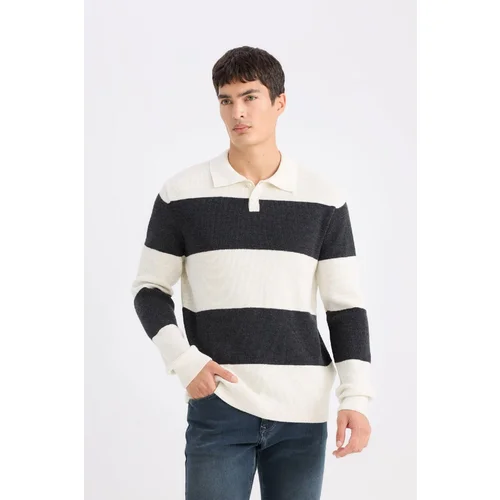 Defacto Standard Fit Polo Collar Striped Knit Sweater