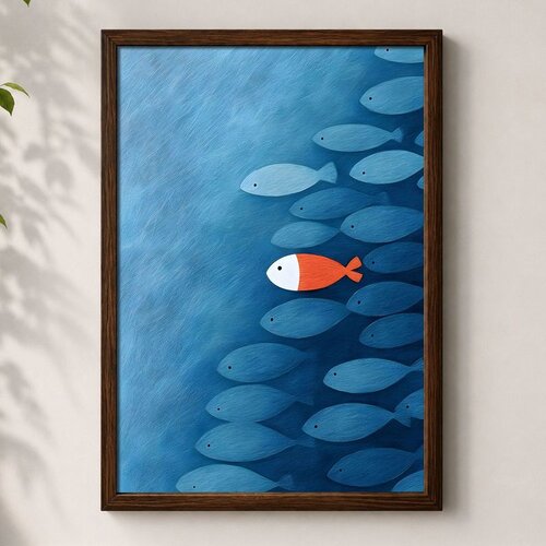 Wallxpert uramljena mdf slika 3752KACT-007, crveno-bela riba među plavim ribama, 37 x 52 cm Cene