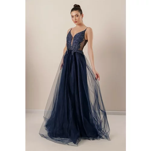 By Saygı Lined Long Tulle Dress with Guipure Beads Detailed with Thread Straps, Navy