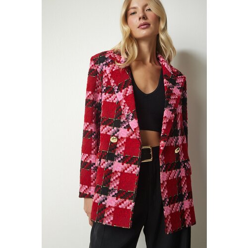 Happiness İstanbul Women's Red Pink Double Breasted Collar Patterned Elegant Woven Jacket Slike