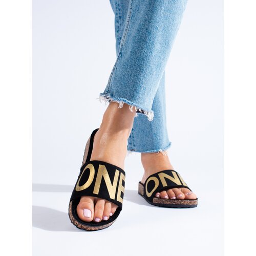 SHELOVET Black flip-flops with gold inscription on cork Slike