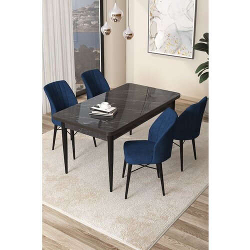 Hanah home Arp - Black Marble, Navy Blue Black MarbleNavy Blue Dining Table & Chairs Set (5 Pieces) Cene