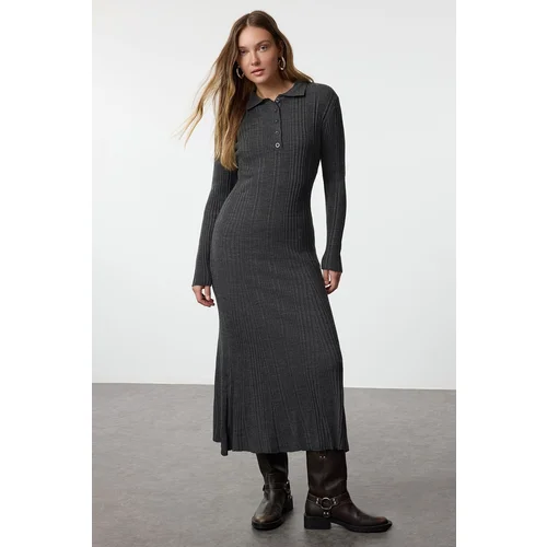 Trendyol Anthracite Polo Collar Rib Knit Dress