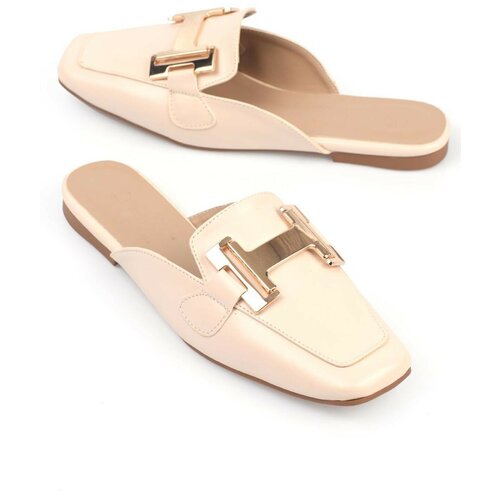 Capone Outfitters Capone Flat Toe Women's Ecru Beige Slippers with Metal Accessories Cene