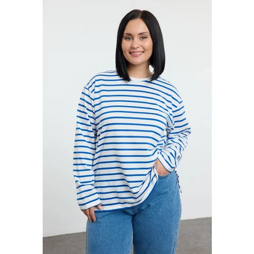 Trendyol Curve Ecru Blue Striped Regular/Normal Pattern Crew Neck Knitted Sweatshirt