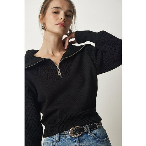 Happiness İstanbul Women's Black Zippered Polo Neck Knitwear Sweater Slike