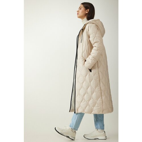 Happiness İstanbul Women's Cream Hooded Pocket Quilted Coat Slike