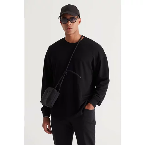 AC&Co / Altınyıldız Classics Men's Black Loose Fit Fleece 3 Thread Crew Neck Jacquard Sweatshirt