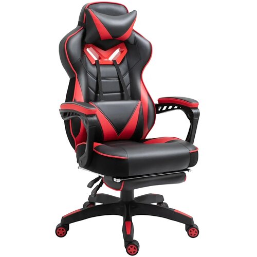  Ergonomska gamerska stolica okretna s uvlačivim osloncem za noge podesivim naslonom PU koža crna‑crvena Slike