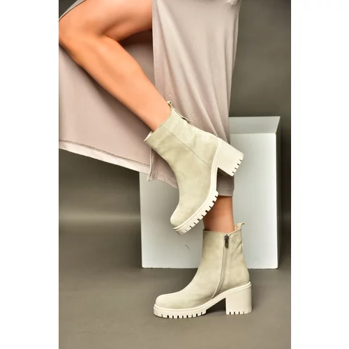 Fox Shoes R654006502 Beige Genuine Leather and Suede Women's Boots with Thick Heels