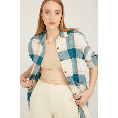 By Saygı Bat-Sleeves Checkered Stamped Shirt With Pockets Turquoise Slike