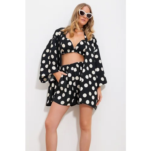 Trend Alaçatı Stili Women's Black Bustier And Shorts 3-Piece Kimono Suit