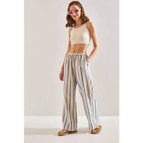Bianco Lucci Women's Elastic Waist Laced Multi Striped Trousers Cene