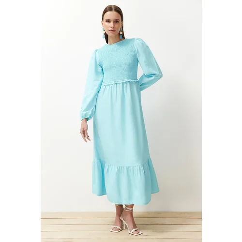 Trendyol Turquoise Gipe Detailed Crew Neck Woven Dress