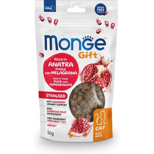 Monge Poslastice za mačke sa ukusom pačetine i nara Meat Minis Sterilised, 50g Slike