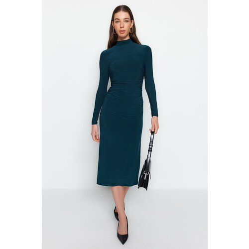 Trendyol Emerald Green Draping Detail Stand Up A-Line Flexible Midi Knit Dress Slike