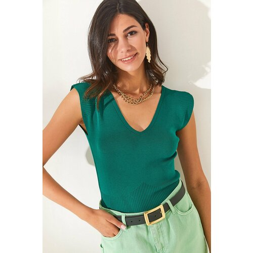 Olalook Women's Emerald Green Knitwear Blouse With Shoulders And Skirt Detailed Front Back V-Knit Slike